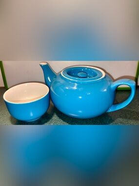 Adagio Teas Bright Blue Ceramic Teapot and Cup
